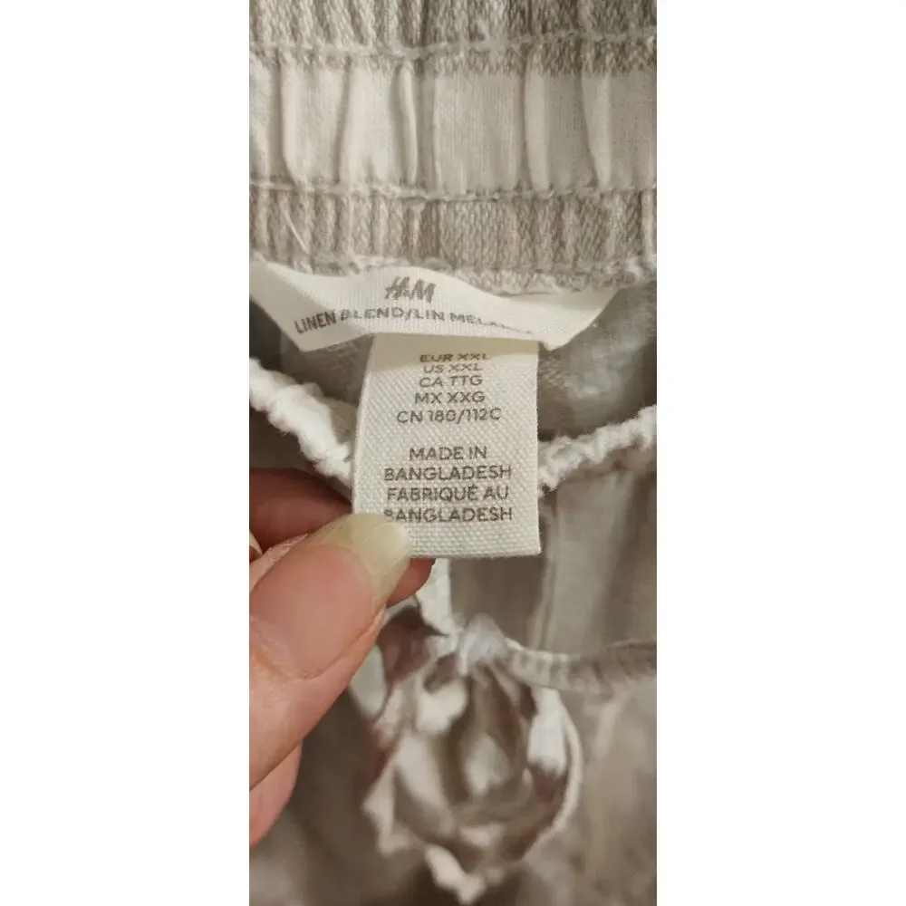 H&M Wide-Cut Pull-on Linen Pants In Taupe White Stripes Size XXL Pockets